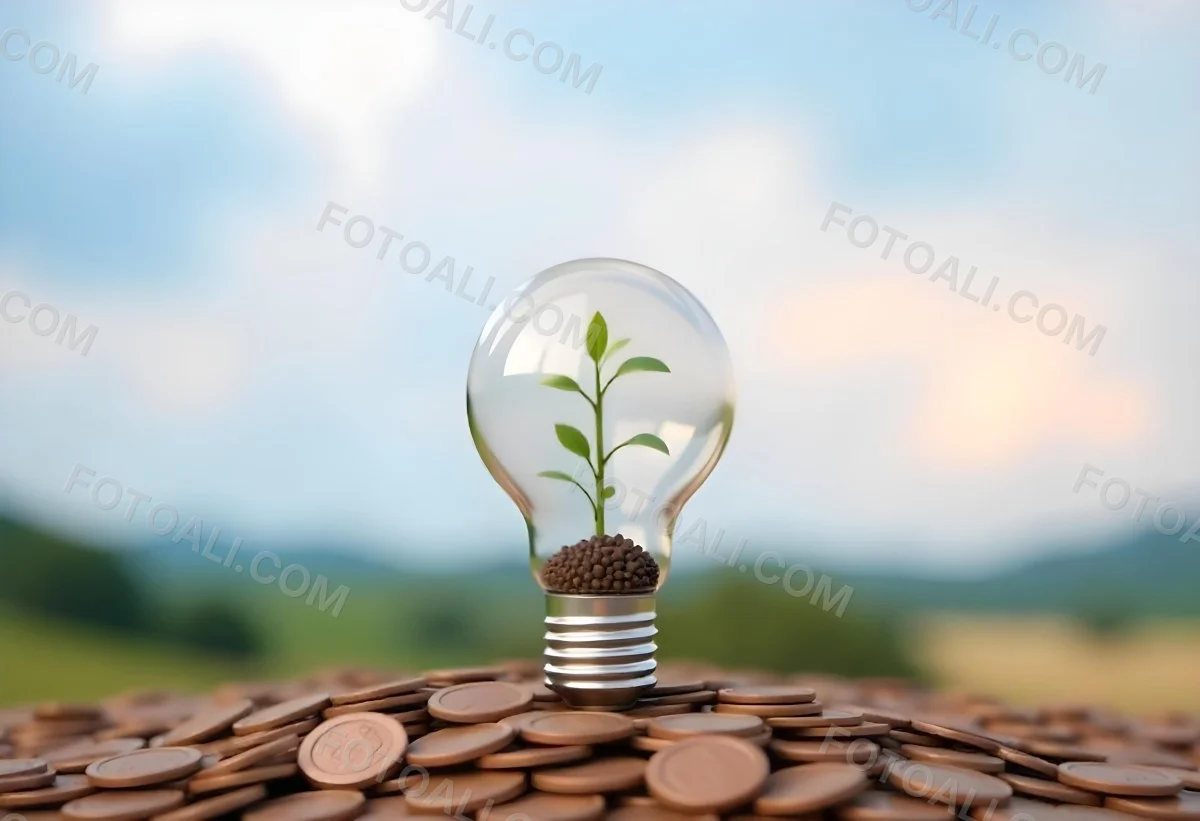 A Light Bulb With A Plant Growing Inside The Bulb Is On Top Of A Pile Of Coins The Background Is A Blurred Landscape With A Blue Sky 30 4fa8