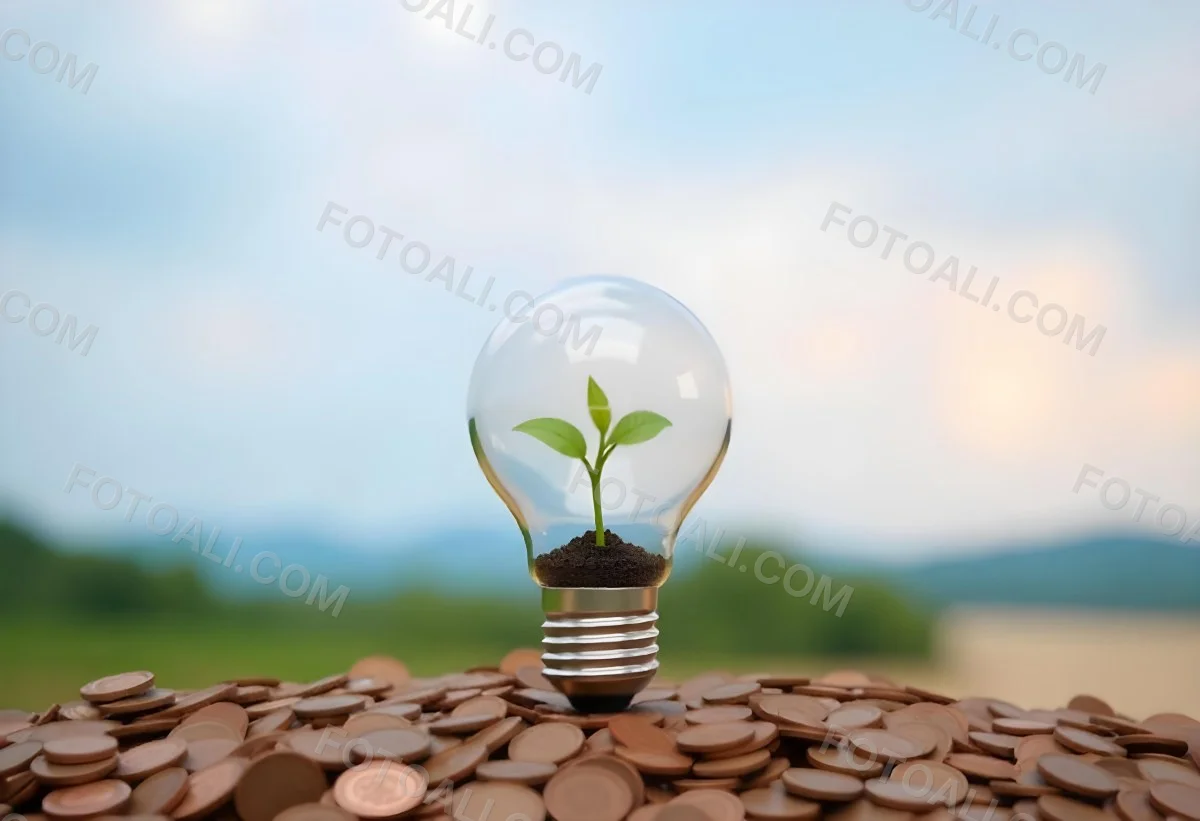 A Light Bulb With A Plant Growing Inside The Bulb Is On Top Of A Pile Of Coins The Background Is A Blurred Landscape With A Blue Sky 31 D01e