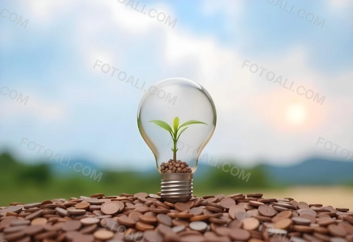 A Light Bulb With A Plant Growing Inside The Bulb Is On Top Of A Pile Of Coins The Background Is A Blurred Landscape With A Blue Sky 35 48b2