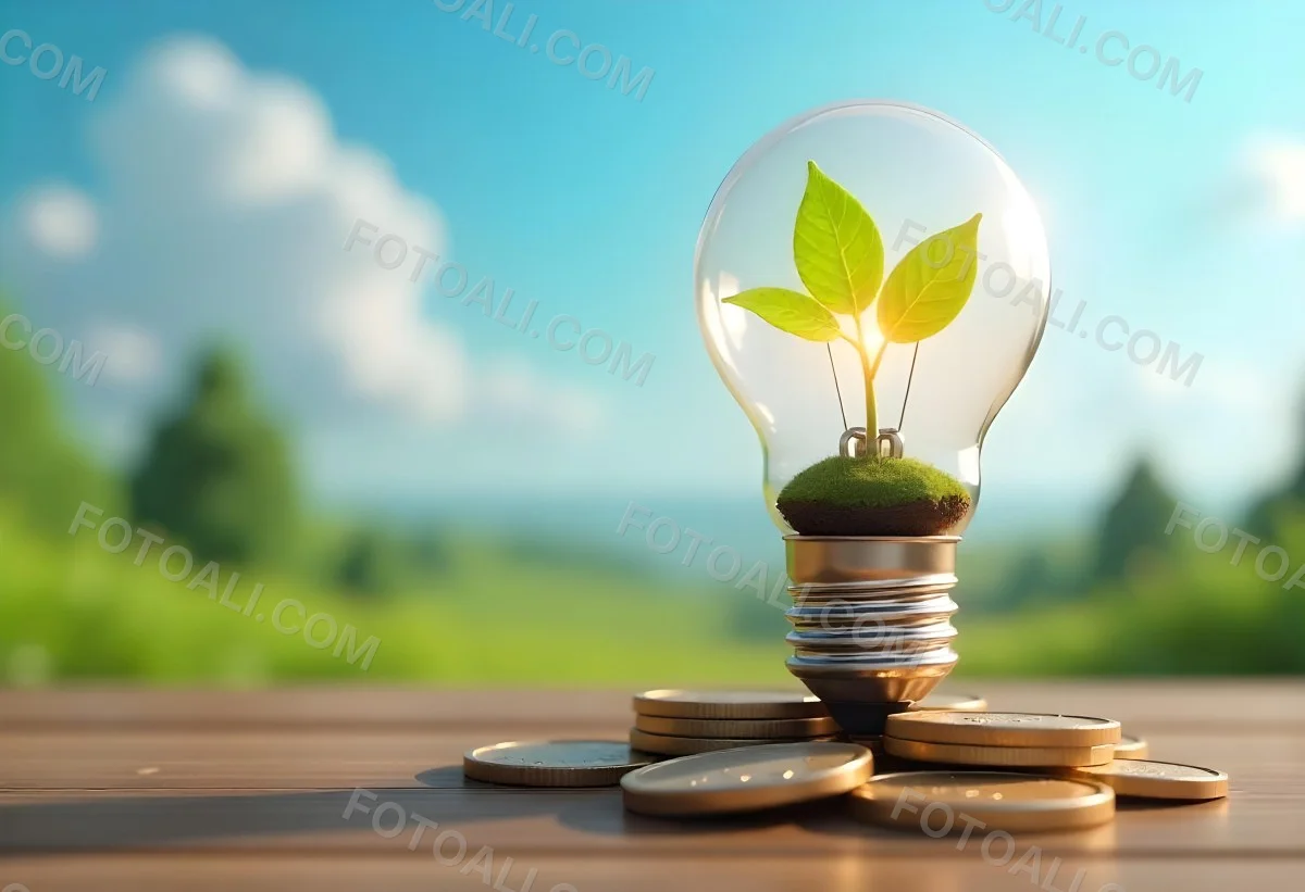 A Light Bulb With A Plant Growing Inside The Bulb Is On Top Of A Pile Of Coins The Background Is A Blurred Landscape With A Blue Sky 36 7f8a