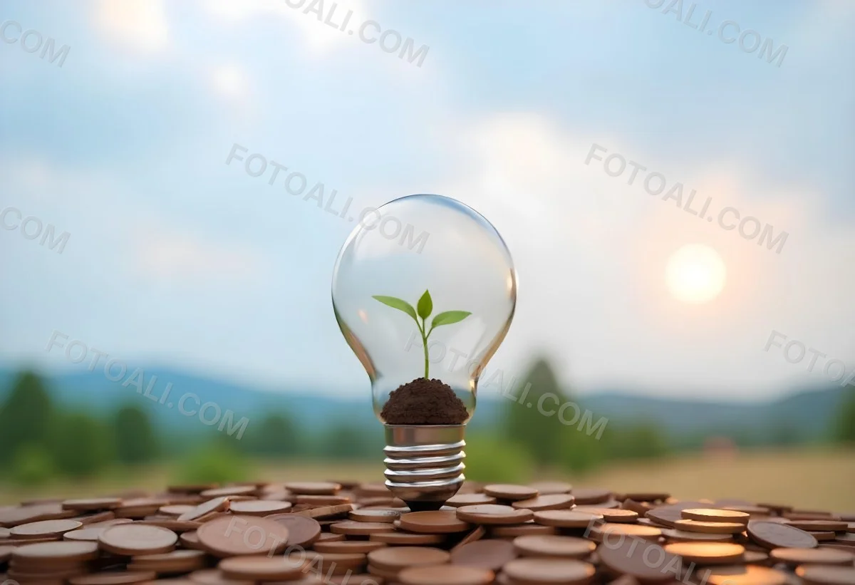 A Light Bulb With A Plant Growing Inside The Bulb Is On Top Of A Pile Of Coins The Background Is A Blurred Landscape With A Blue Sky 38 C877