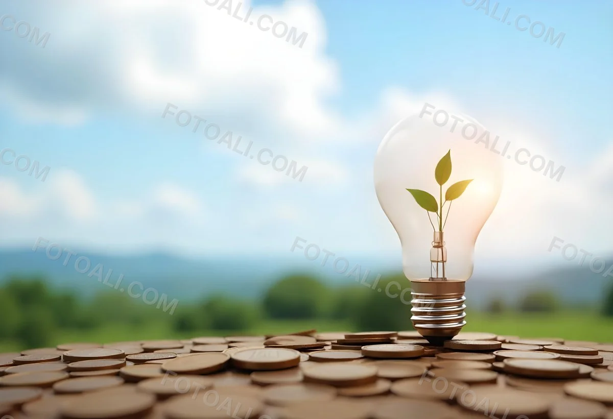 A Light Bulb With A Plant Growing Inside The Bulb Is On Top Of A Pile Of Coins The Background Is A Blurred Landscape With A Blue Sky 39 C6e4