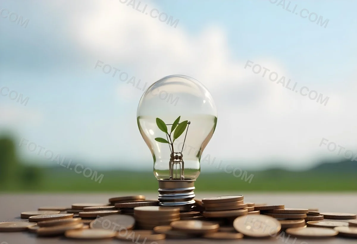 A Light Bulb With A Plant Growing Inside The Bulb Is On Top Of A Pile Of Coins The Background Is A Blurred Landscape With A Blue Sky 42 5914