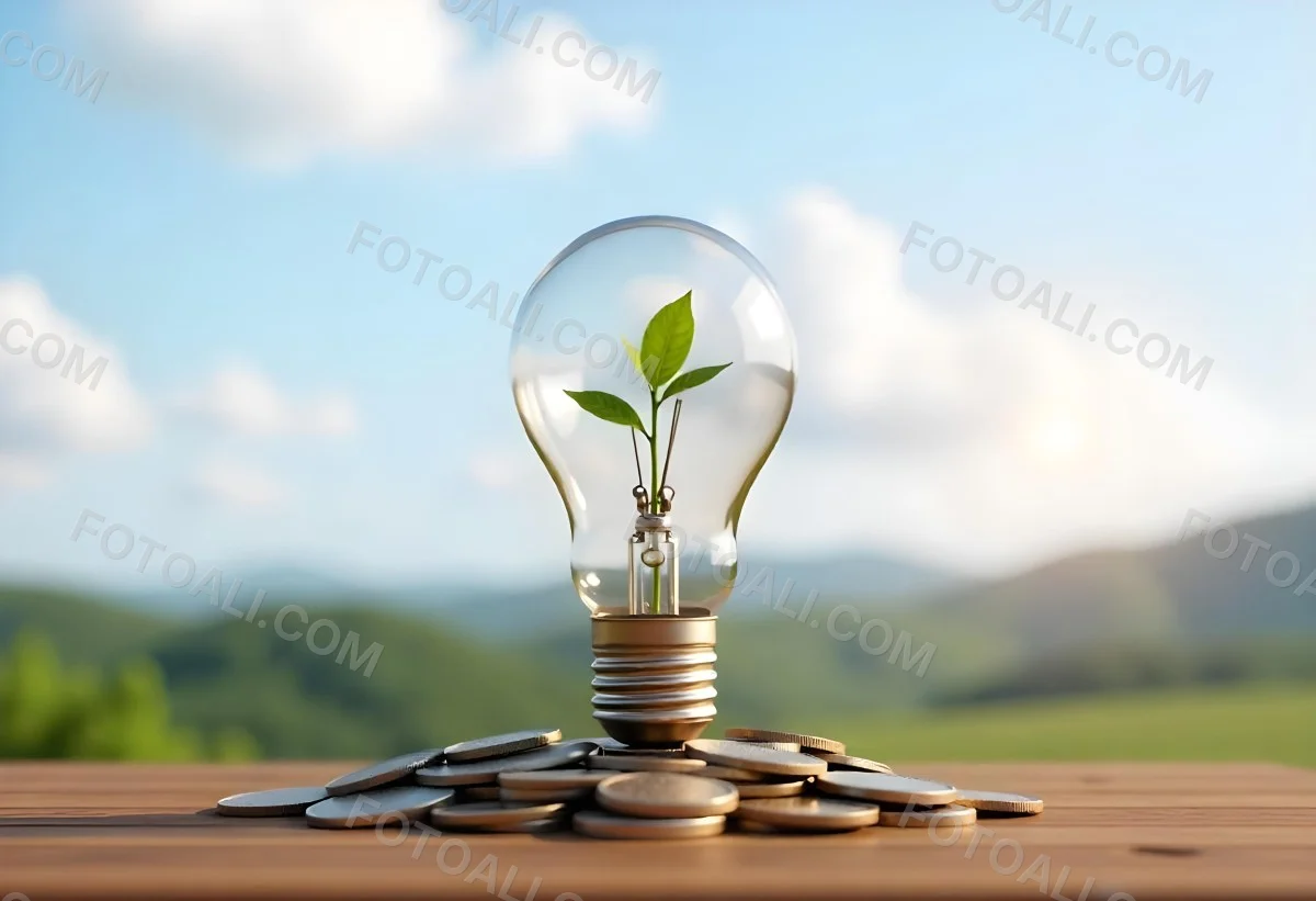 A Light Bulb With A Plant Growing Inside The Bulb Is On Top Of A Pile Of Coins The Background Is A Blurred Landscape With A Blue Sky 45 4e9a