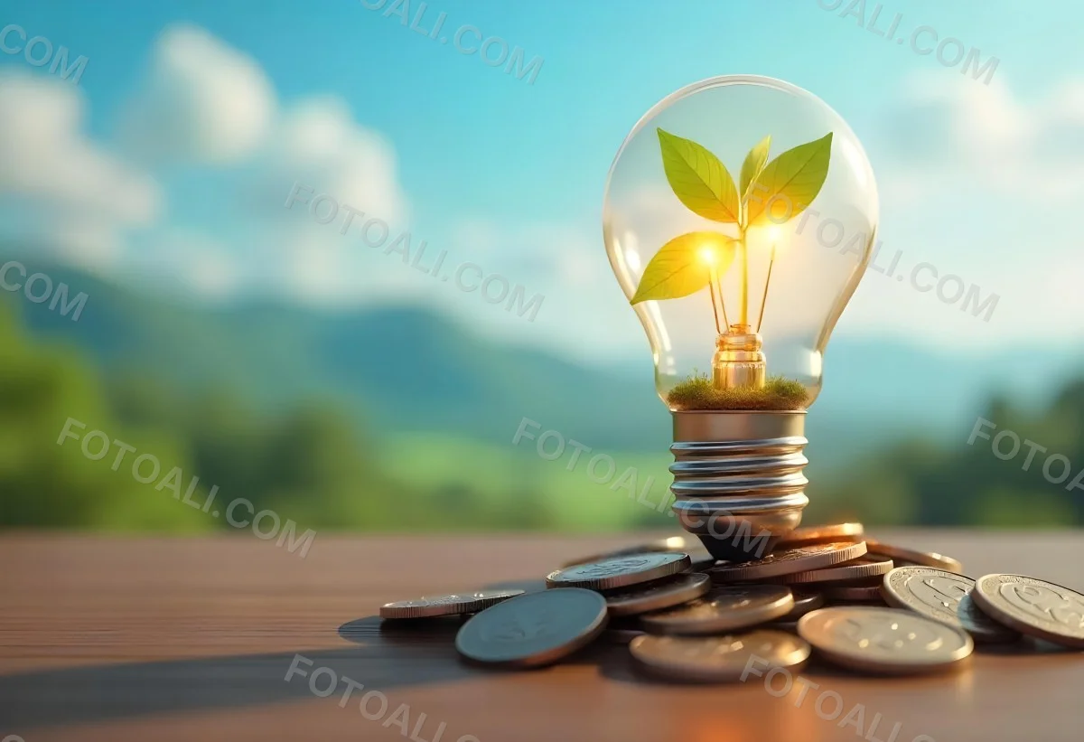 A Light Bulb With A Plant Growing Inside The Bulb Is On Top Of A Pile Of Coins The Background Is A Blurred Landscape With A Blue Sky 9 A326