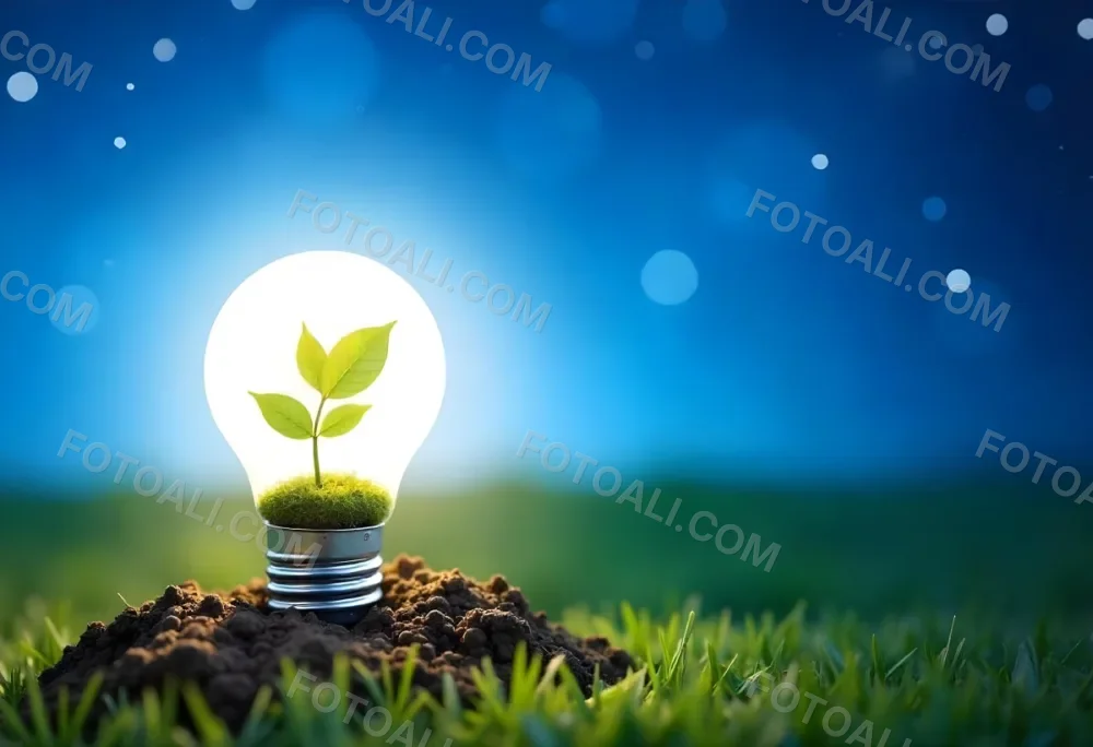 A Light Bulb With A Plant Inside On A Mound Of Dirt And Moss With A Blue And Starry Sky Background And Green Grass 32 36d6