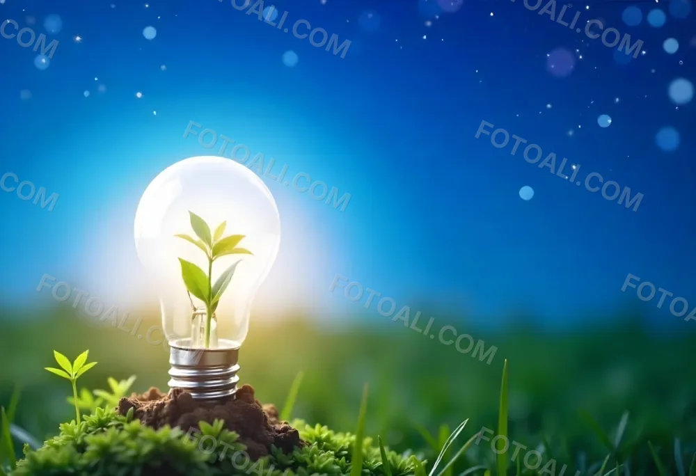 A Light Bulb With A Plant Inside On A Mound Of Dirt And Moss With A Blue And Starry Sky Background And Green Grass 47 4aab