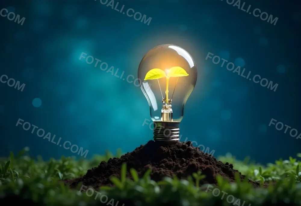 A Light Bulb With A Plant Inside On A Mound Of Dirt And Moss With A Blue And Starry Sky Background And Green Grass 54 B65b