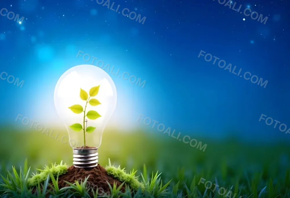 A Light Bulb With A Plant Inside On A Mound Of Dirt And Moss With A Blue And Starry Sky Background And Green Grass 58 5307