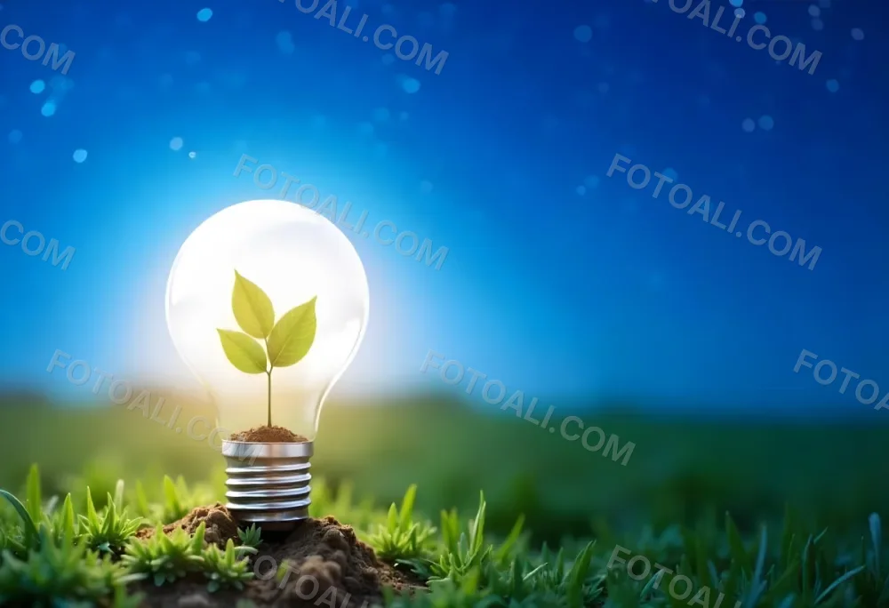 A Light Bulb With A Plant Inside On A Mound Of Dirt And Moss With A Blue And Starry Sky Background And Green Grass 61 A834