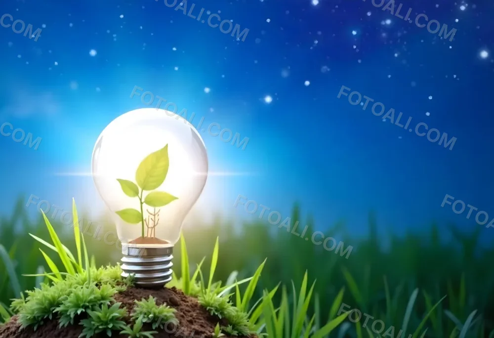 A Light Bulb With A Plant Inside On A Mound Of Dirt And Moss With A Blue And Starry Sky Background And Green Grass 62 49ab
