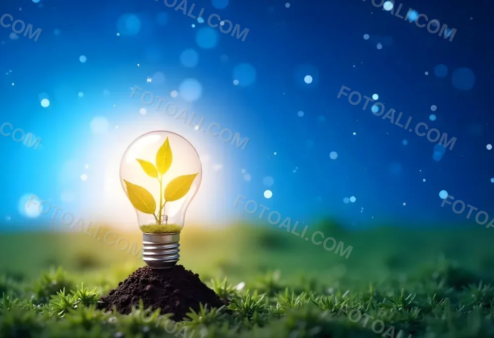 A Light Bulb With A Plant Inside On A Mound Of Dirt And Moss With A Blue And Starry Sky Background And Green Grass 77 5551