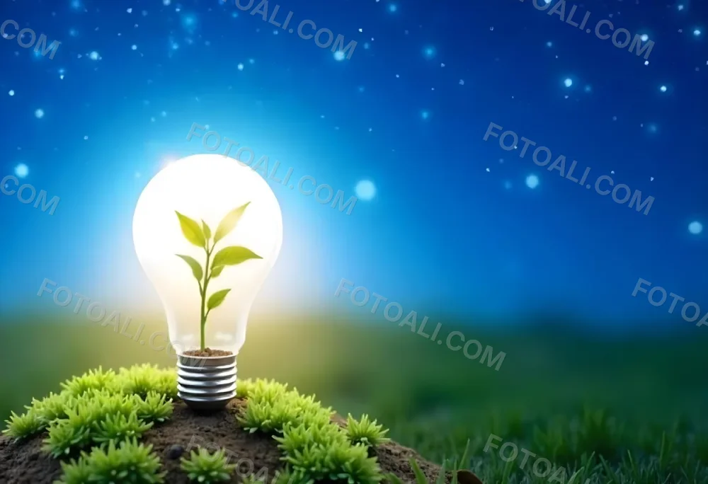 A Light Bulb With A Plant Inside On A Mound Of Dirt And Moss With A Blue And Starry Sky Background And Green Grass 81 03e7