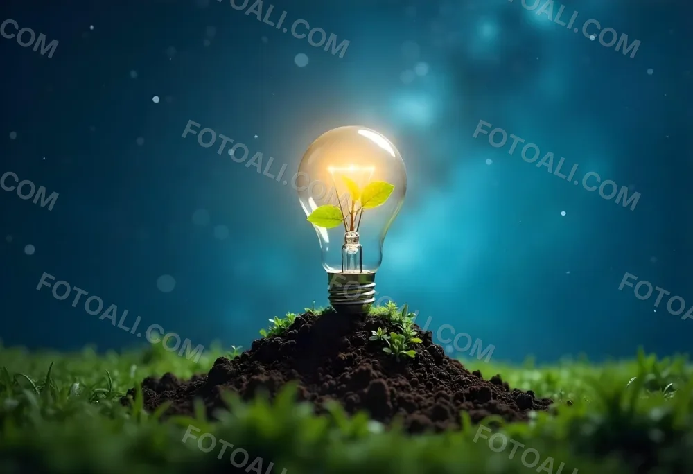 A Light Bulb With A Plant Inside On A Mound Of Dirt And Moss With A Blue And Starry Sky Background And Green Grass 88 7c36