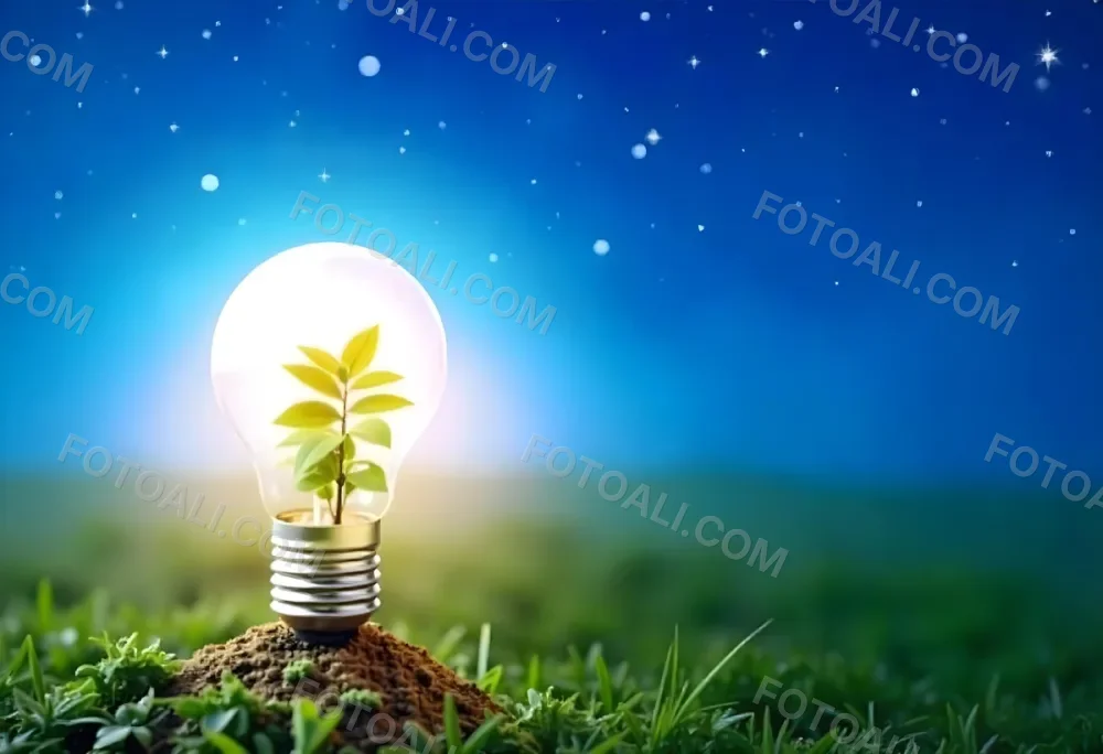 A Light Bulb With A Plant Inside On A Mound Of Dirt And Moss With A Blue And Starry Sky Background And Green Grass 89 Cae8