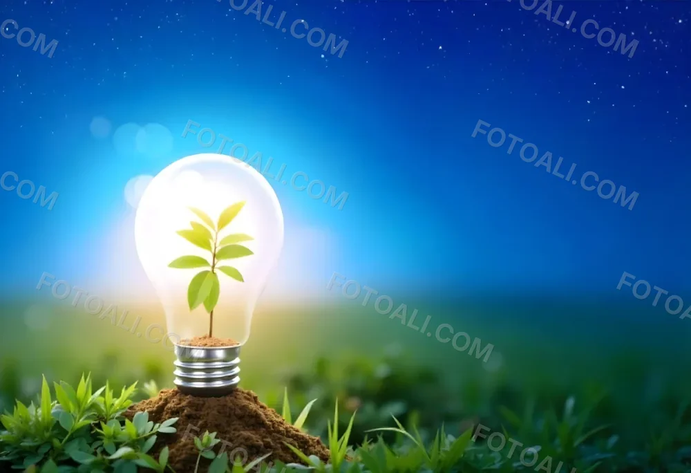 A Light Bulb With A Plant Inside On A Mound Of Dirt And Moss With A Blue And Starry Sky Background And Green Grass 9 9c64