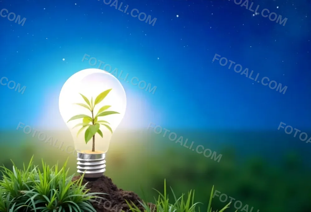 A Light Bulb With A Plant Inside On A Mound Of Dirt And Moss With A Blue And Starry Sky Background And Green Grass 90 F256