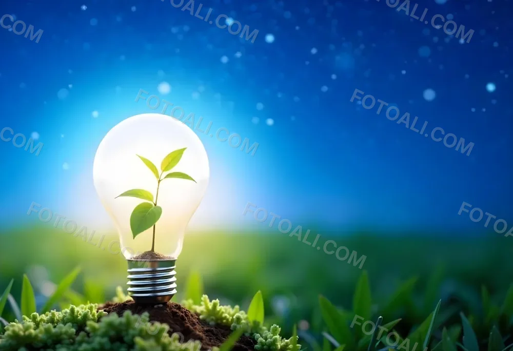 A Light Bulb With A Plant Inside On A Mound Of Dirt And Moss With A Blue And Starry Sky Background And Green Grass 91 Ebed
