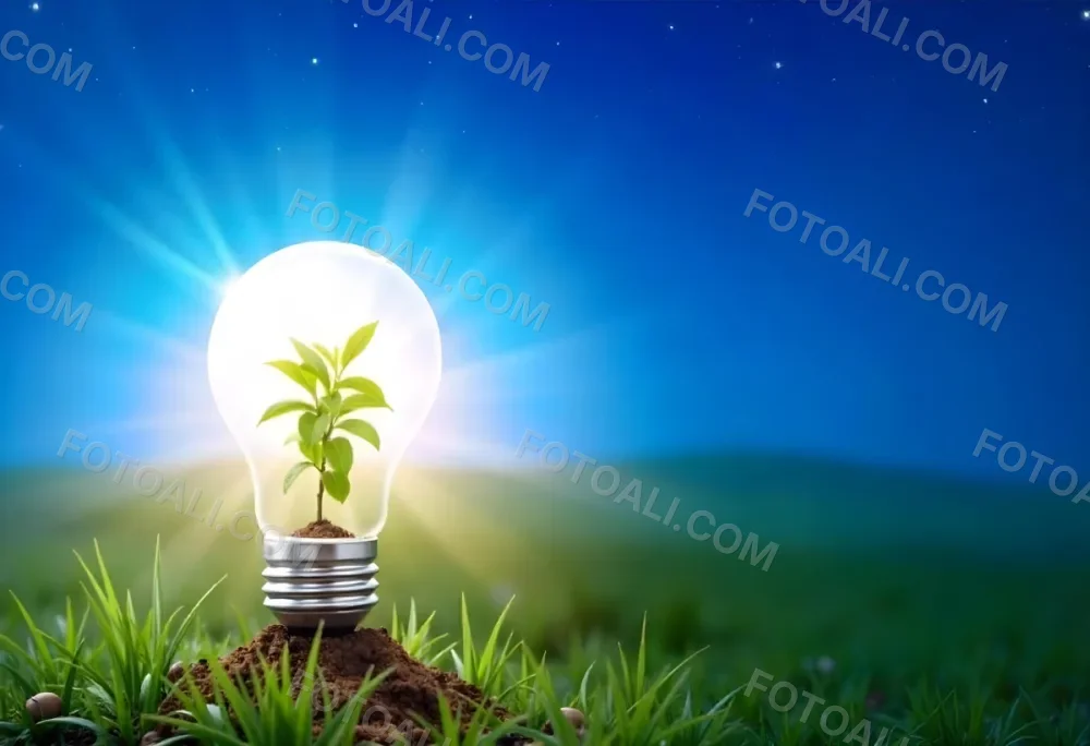 A Light Bulb With A Plant Inside On A Mound Of Dirt And Moss With A Blue And Starry Sky Background And Green Grass 92 8fba