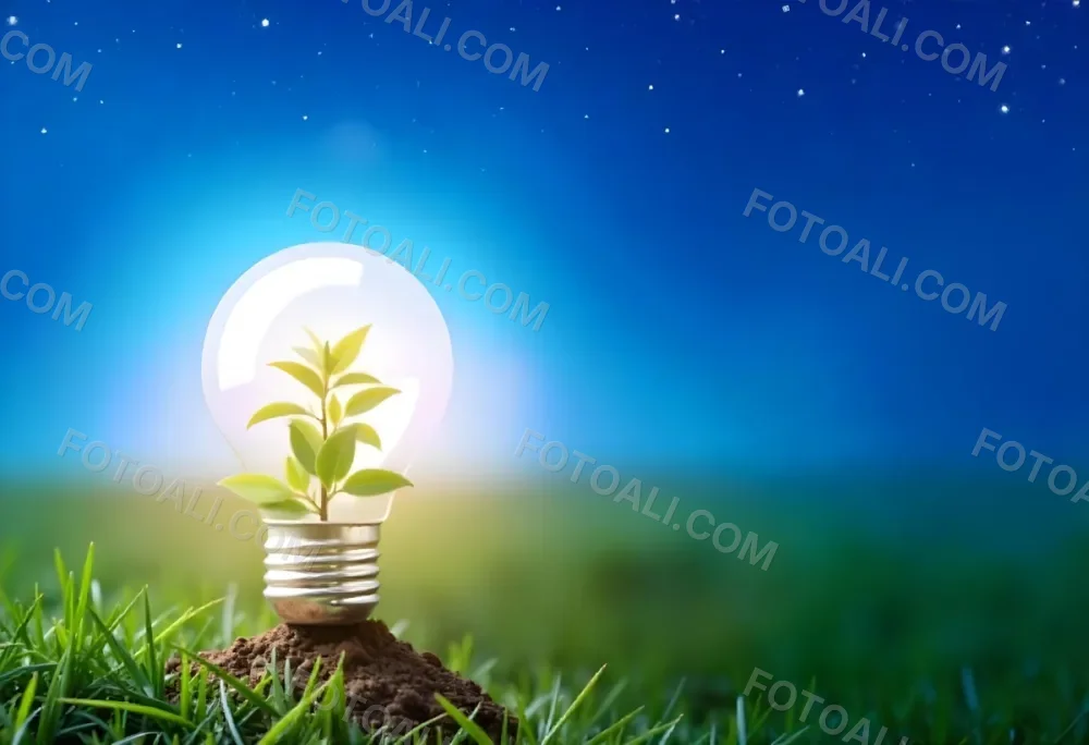 A Light Bulb With A Plant Inside On A Mound Of Dirt And Moss With A Blue And Starry Sky Background And Green Grass 93 3eb1