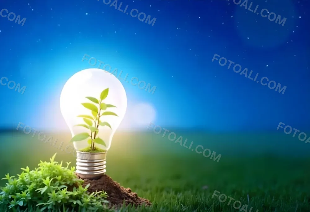 A Light Bulb With A Plant Inside On A Mound Of Dirt And Moss With A Blue And Starry Sky Background And Green Grass 94 3253