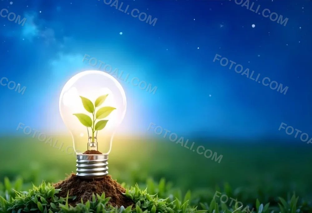 A Light Bulb With A Plant Inside On A Mound Of Dirt And Moss With A Blue And Starry Sky Background And Green Grass 95 1845