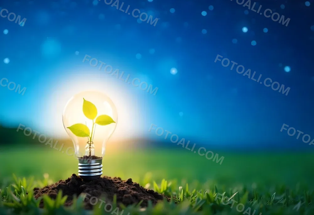 A Light Bulb With A Plant Inside On A Mound Of Dirt And Moss With A Blue And Starry Sky Background And Green Grass 96 1df6