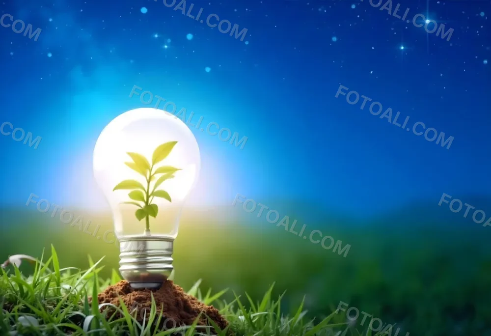 A Light Bulb With A Plant Inside On A Mound Of Dirt And Moss With A Blue And Starry Sky Background And Green Grass 97 14b1