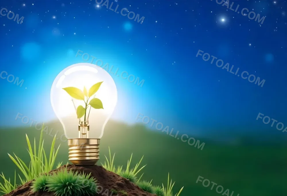 A Light Bulb With A Plant Inside On A Mound Of Dirt And Moss With A Blue And Starry Sky Background And Green Grass 98 C05d