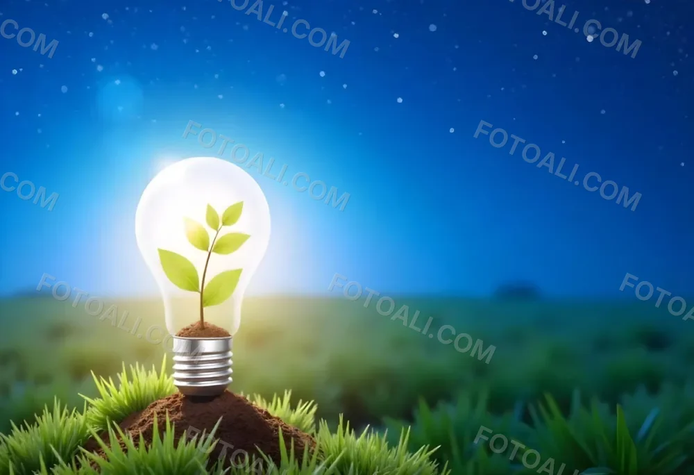 A Light Bulb With A Plant Inside On A Mound Of Dirt And Moss With A Blue And Starry Sky Background And Green Grass 99 204f