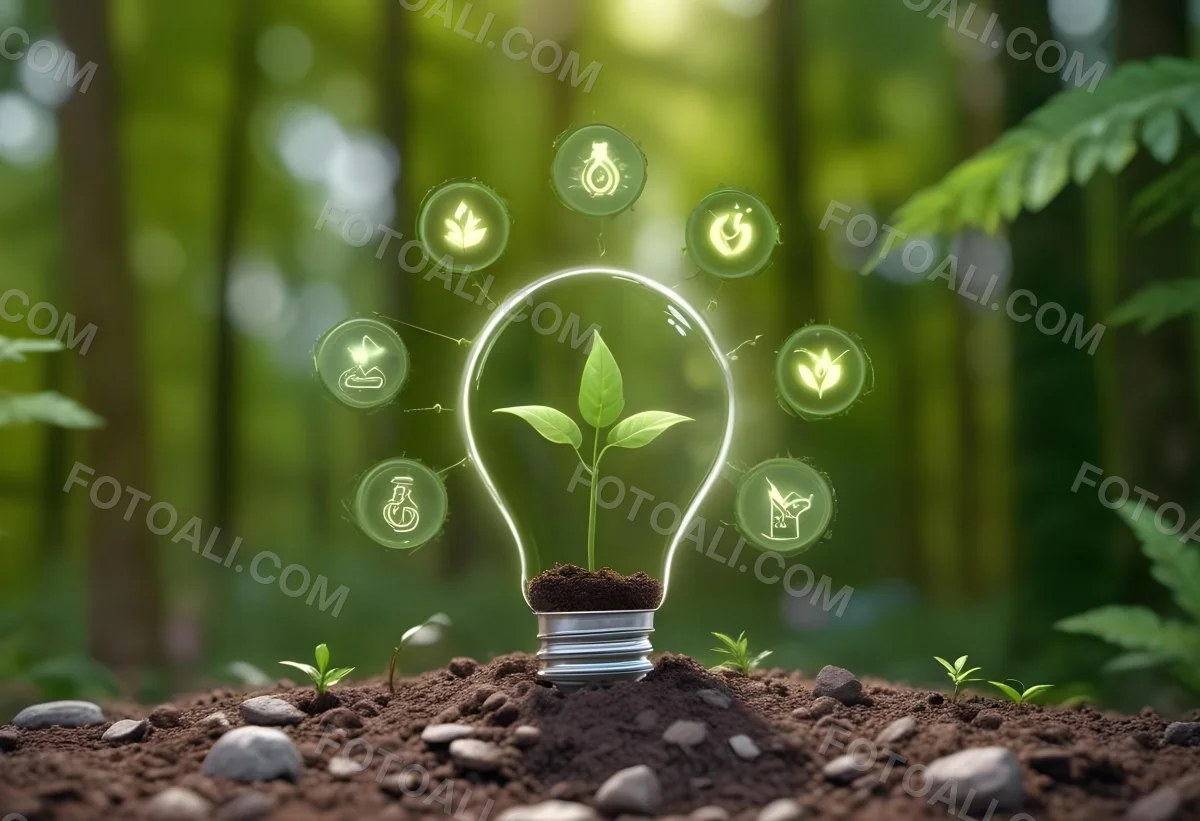 A Light Bulb With A Plant Inside On Top Of Soil Surrounded By Icons Of Renewable Energy In A Forest 13 1a67