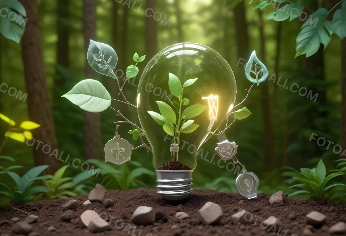A Light Bulb With A Plant Inside On Top Of Soil Surrounded By Icons Of Renewable Energy In A Forest 15 Aa8d