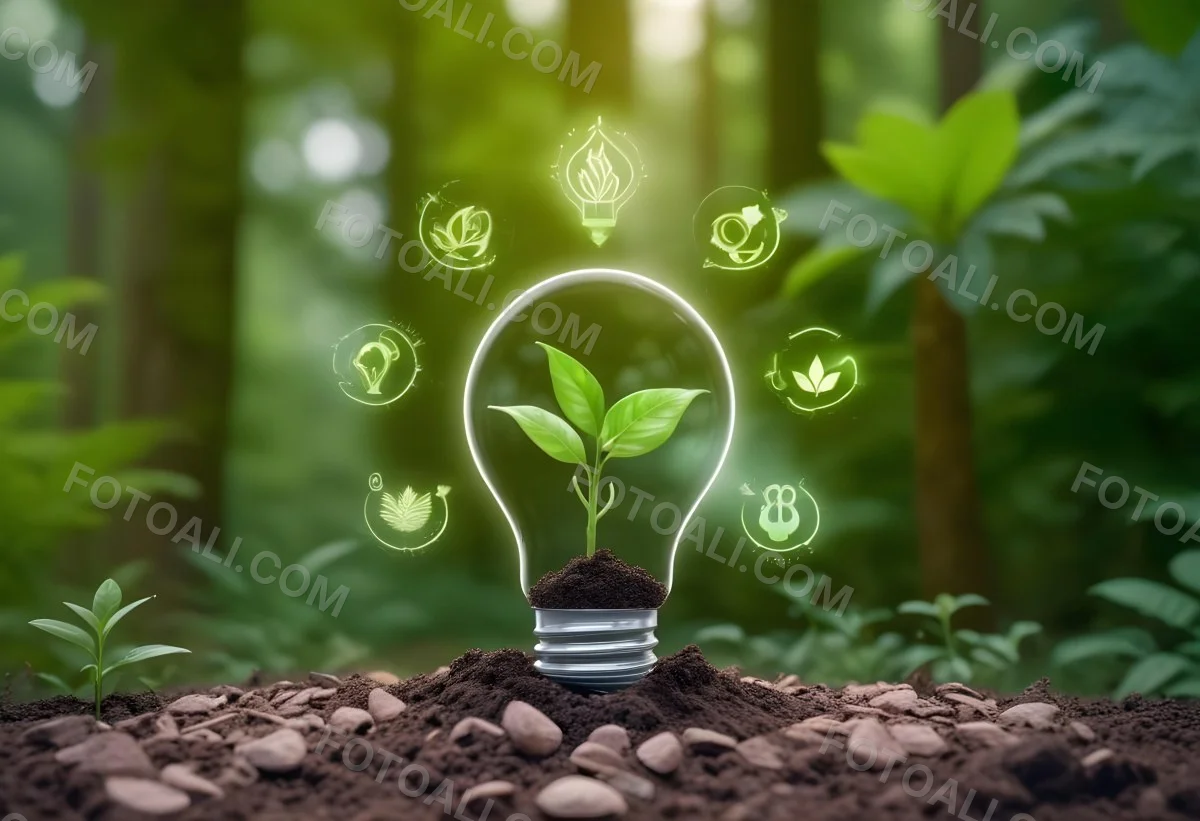 A Light Bulb With A Plant Inside On Top Of Soil Surrounded By Icons Of Renewable Energy In A Forest 19 3e89