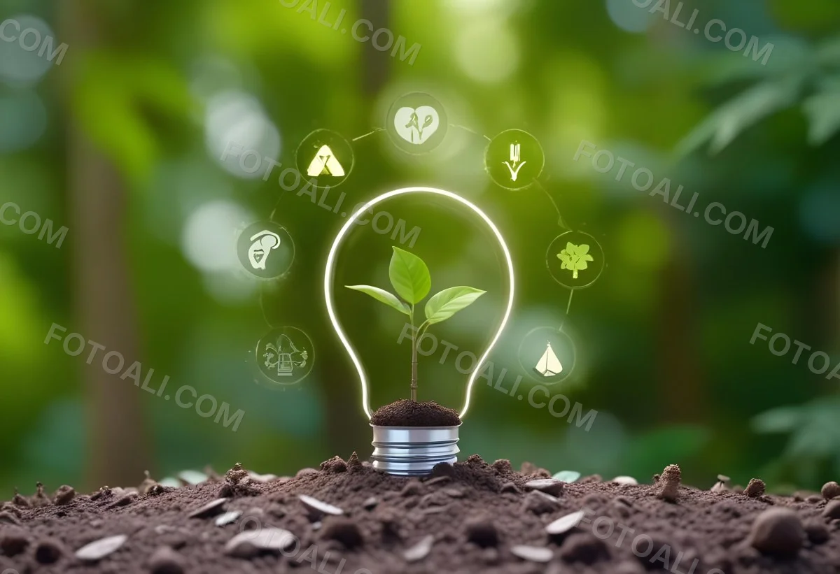 A Light Bulb With A Plant Inside On Top Of Soil Surrounded By Icons Of Renewable Energy In A Forest 22 E4d4