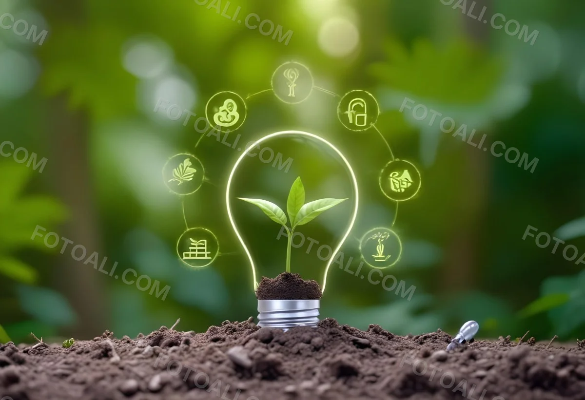 A Light Bulb With A Plant Inside On Top Of Soil Surrounded By Icons Of Renewable Energy In A Forest 34 859d