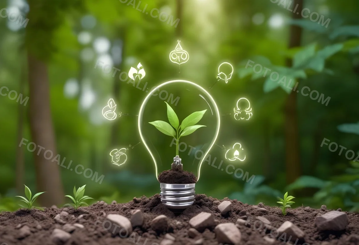 A Light Bulb With A Plant Inside On Top Of Soil Surrounded By Icons Of Renewable Energy In A Forest 4 25cd