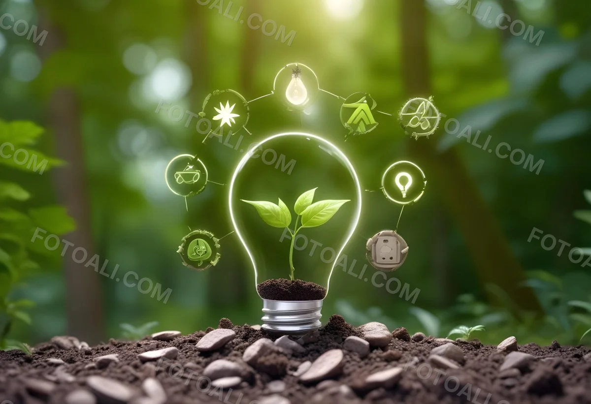 A Light Bulb With A Plant Inside On Top Of Soil Surrounded By Icons Of Renewable Energy In A Forest 43 226f
