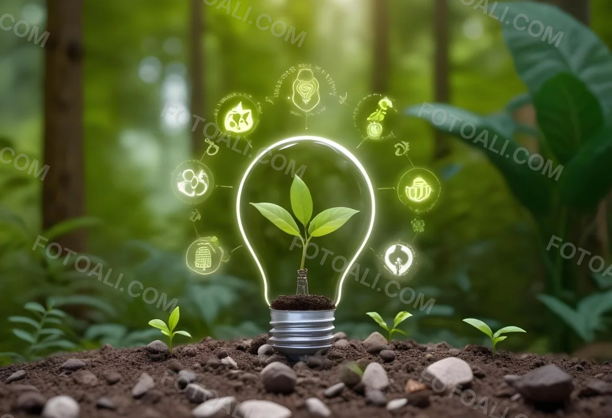 A Light Bulb With A Plant Inside On Top Of Soil Surrounded By Icons Of Renewable Energy In A Forest 48 37f5