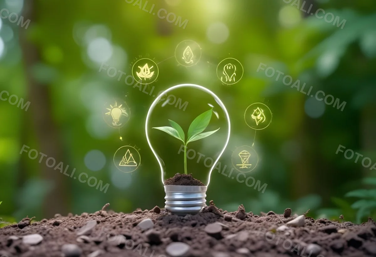 A Light Bulb With A Plant Inside On Top Of Soil Surrounded By Icons Of Renewable Energy In A Forest 50 7845