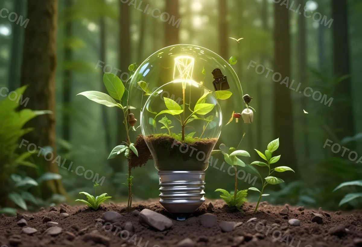 A Light Bulb With A Plant Inside On Top Of Soil Surrounded By Icons Of Renewable Energy In A Forest 51 De98