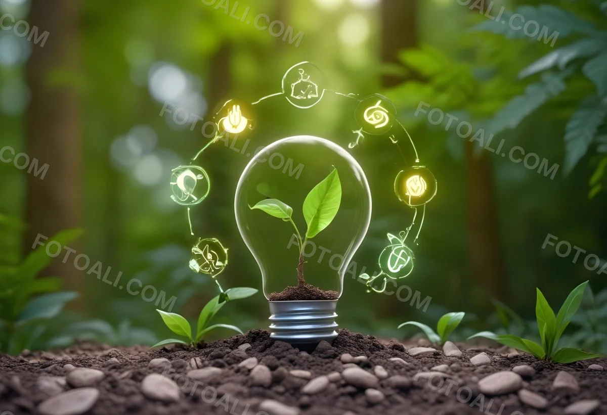 A Light Bulb With A Plant Inside On Top Of Soil Surrounded By Icons Of Renewable Energy In A Forest 52 4a6e