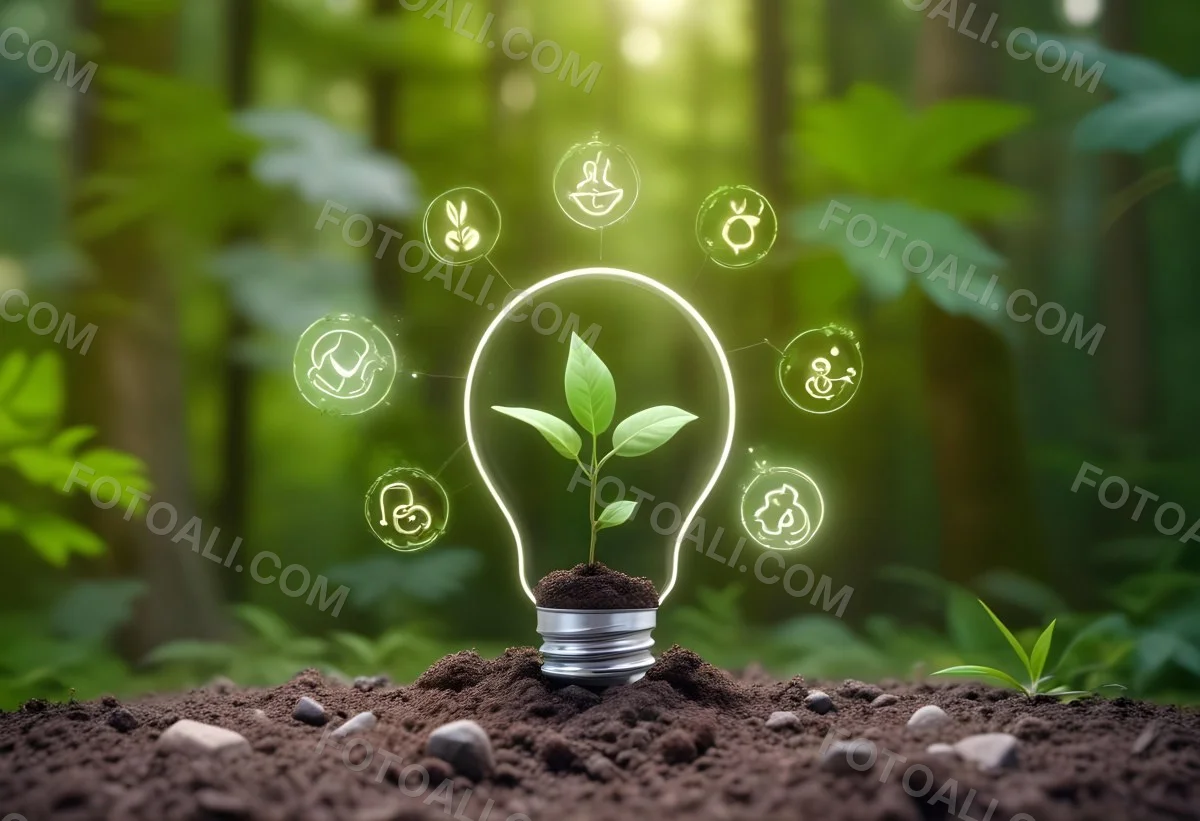 A Light Bulb With A Plant Inside On Top Of Soil Surrounded By Icons Of Renewable Energy In A Forest 6 Abfa