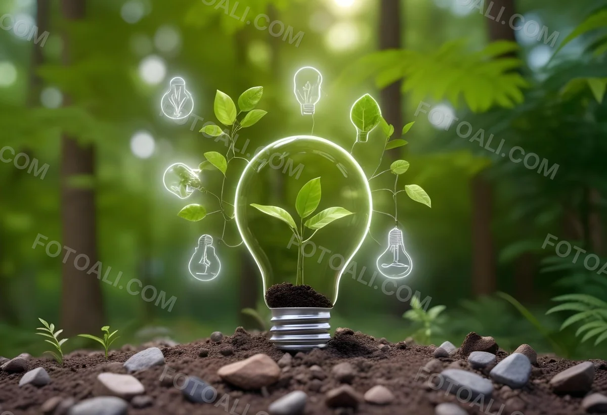 A Light Bulb With A Plant Inside On Top Of Soil Surrounded By Icons Of Renewable Energy In A Forest 7 E925