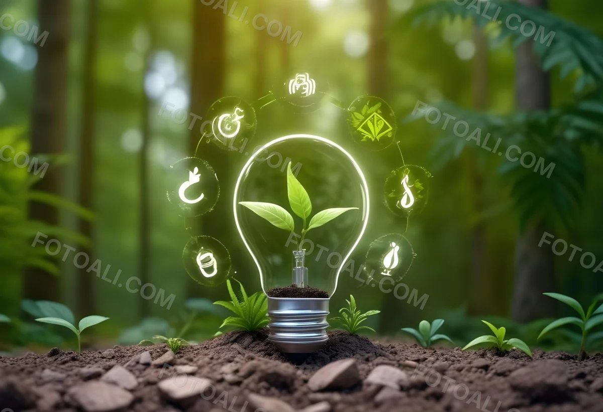 A Light Bulb With A Plant Inside On Top Of Soil Surrounded By Icons Of Renewable Energy In A Forest 8 99d8