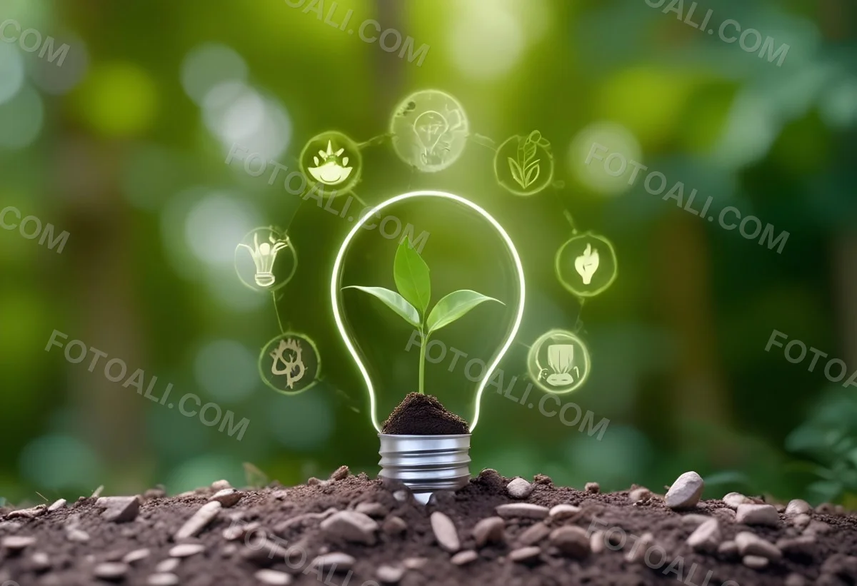 A Light Bulb With A Plant Inside On Top Of Soil Surrounded By Icons Of Renewable Energy In A Forest 9 8a2b