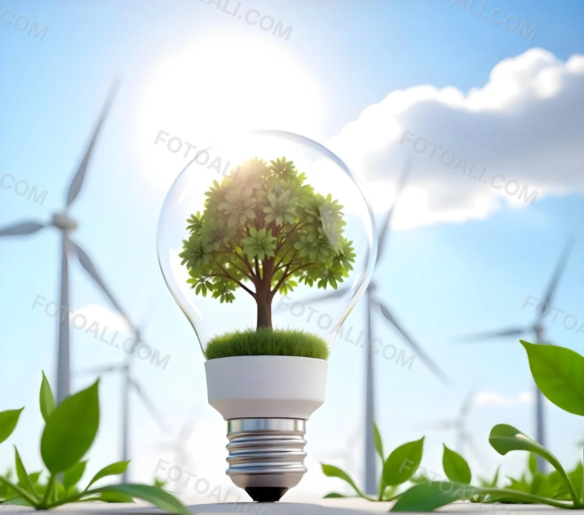 A Light Bulb With A Tree Inside Green Leaves Around The Bulb Wind Turbines In The Background Blue Sky With Clouds Concept Of Green Energy 1 75f9