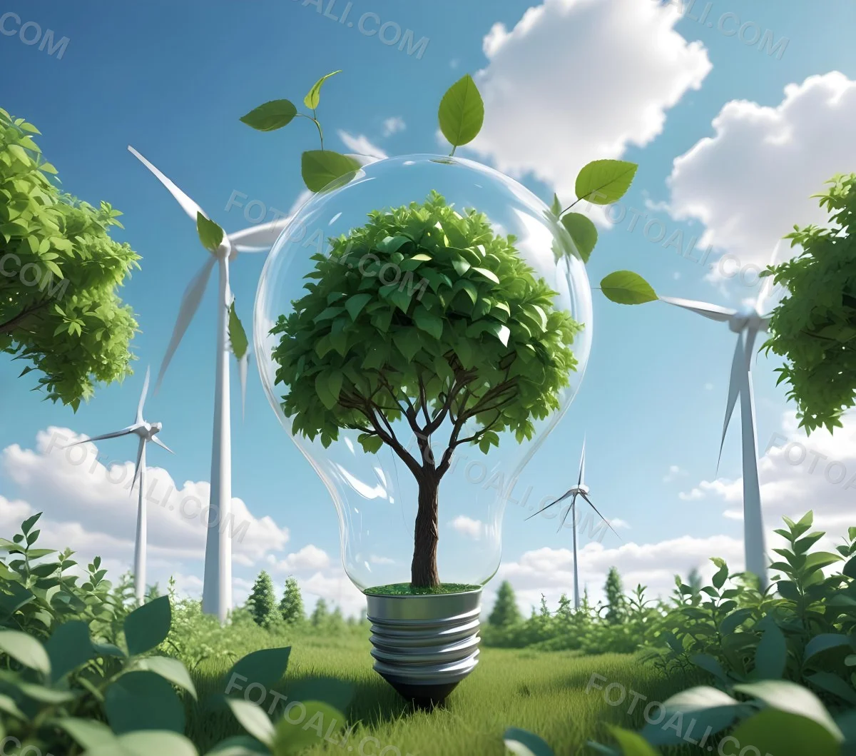A Light Bulb With A Tree Inside Green Leaves Around The Bulb Wind Turbines In The Background Blue Sky With Clouds Concept Of Green Energy 10 393c
