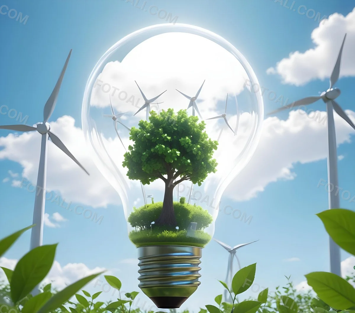 A Light Bulb With A Tree Inside Green Leaves Around The Bulb Wind Turbines In The Background Blue Sky With Clouds Concept Of Green Energy 15 92b0