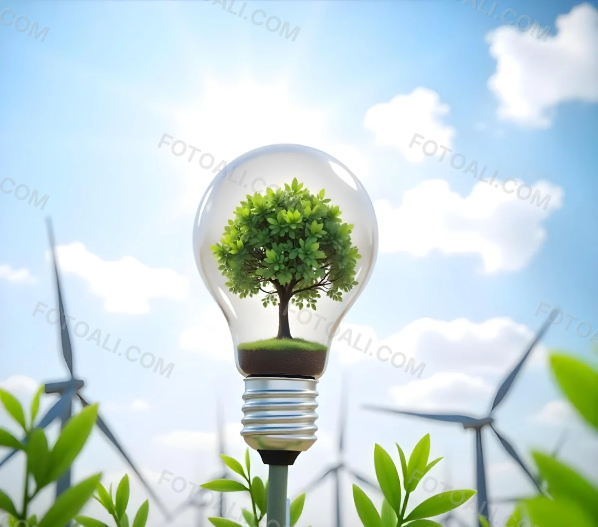 A Light Bulb With A Tree Inside Green Leaves Around The Bulb Wind Turbines In The Background Blue Sky With Clouds Concept Of Green Energy 16 4487