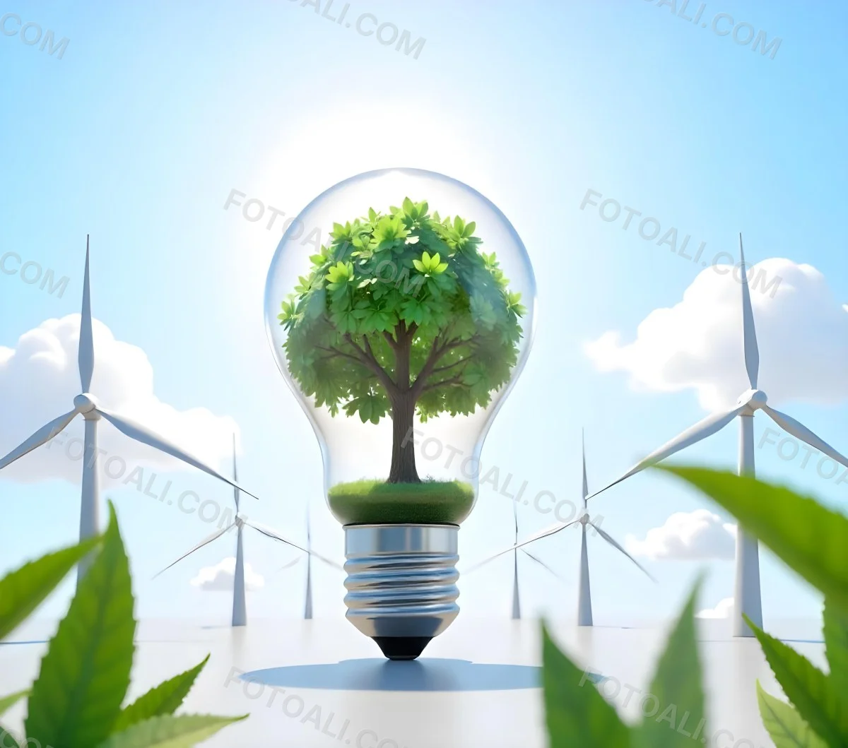 A Light Bulb With A Tree Inside Green Leaves Around The Bulb Wind Turbines In The Background Blue Sky With Clouds Concept Of Green Energy 22 7891